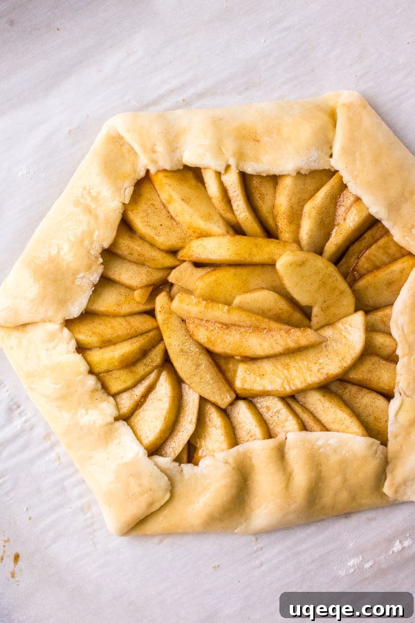 Rustic Caramel Apple Tart 4 An unbaked apple galette, with beautifully arranged apple slices and perfectly folded rustic crust edges, ready for the oven.