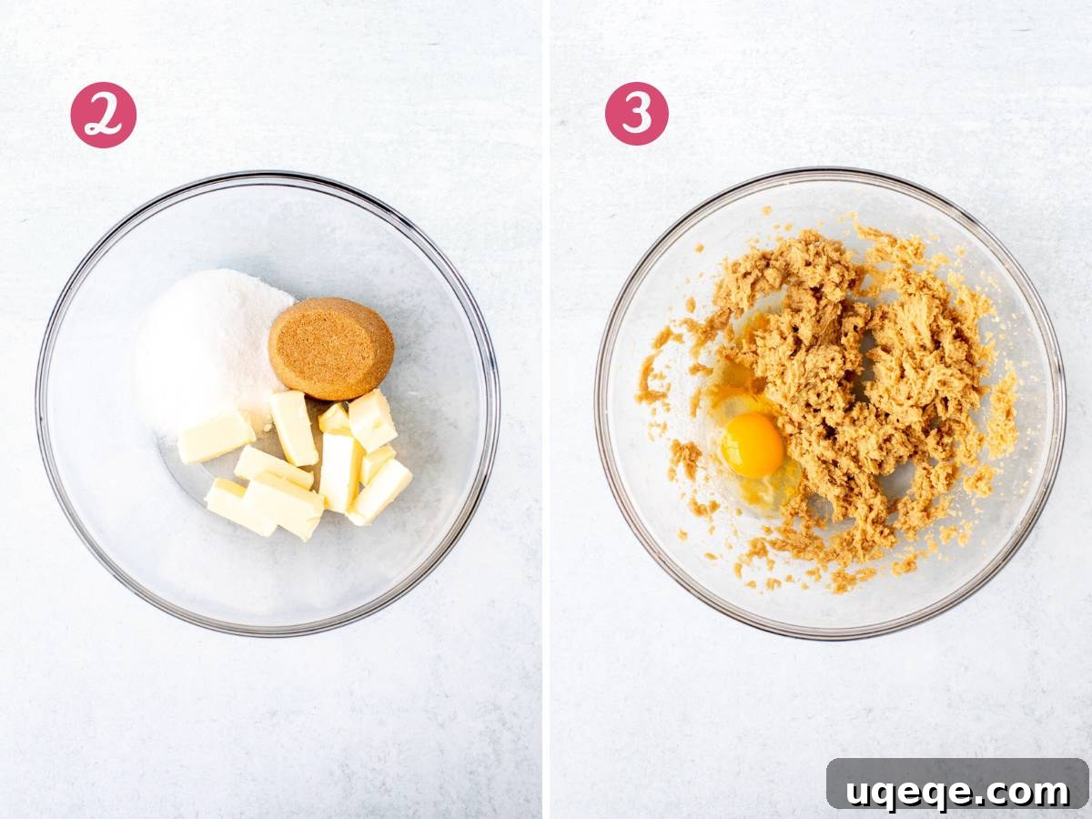 Irresistibly Soft Chewy M and M Cookies 4 Bowl of butter, granulated sugar and brown sugar, and bowl of butter and sugars creamed together with egg and vanilla added