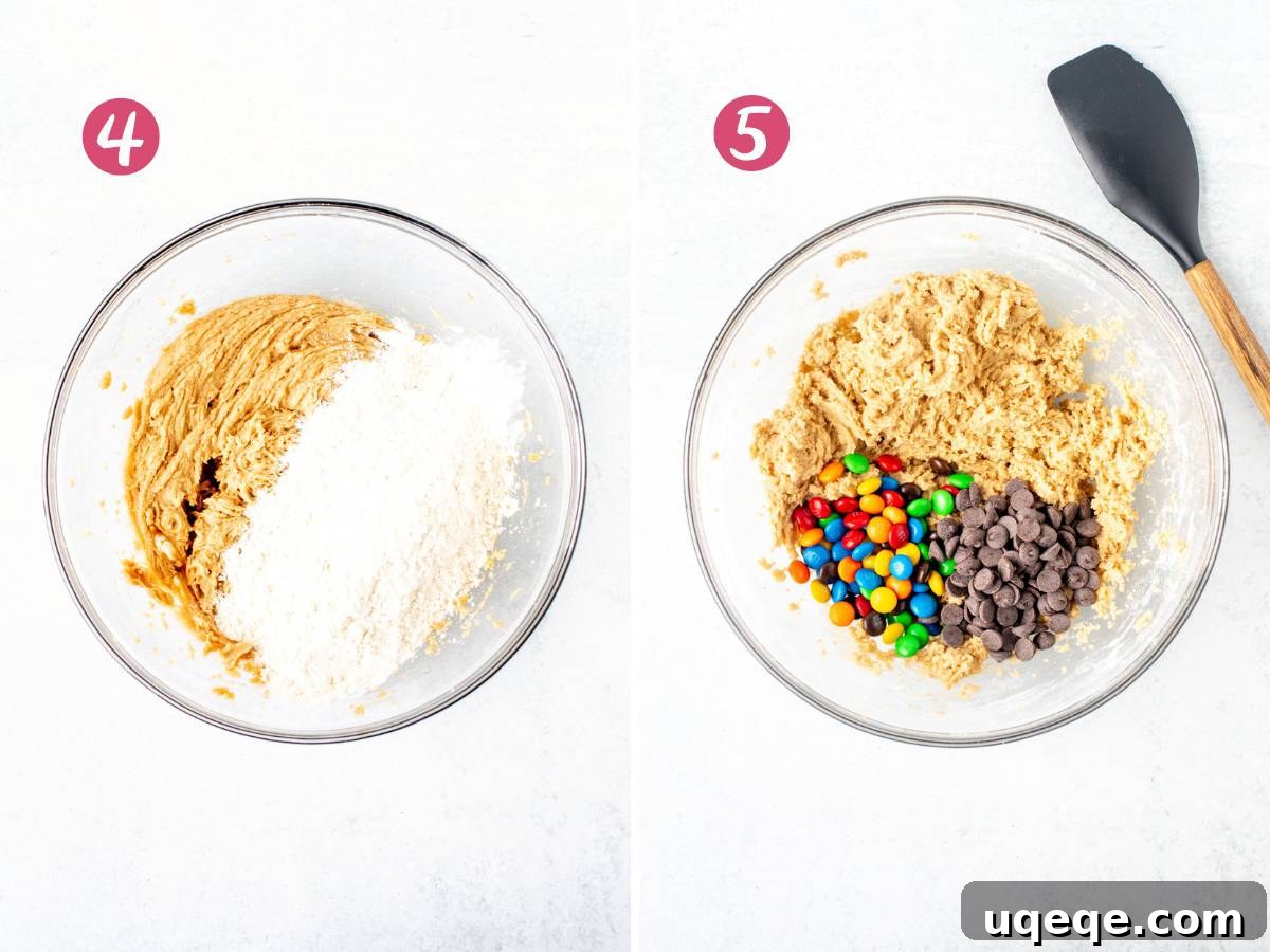 Irresistibly Soft Chewy M and M Cookies 5 Dry ingredients added into a bowl of cookie dough, and bowl of cookie dough with M&M's and chocolate chips