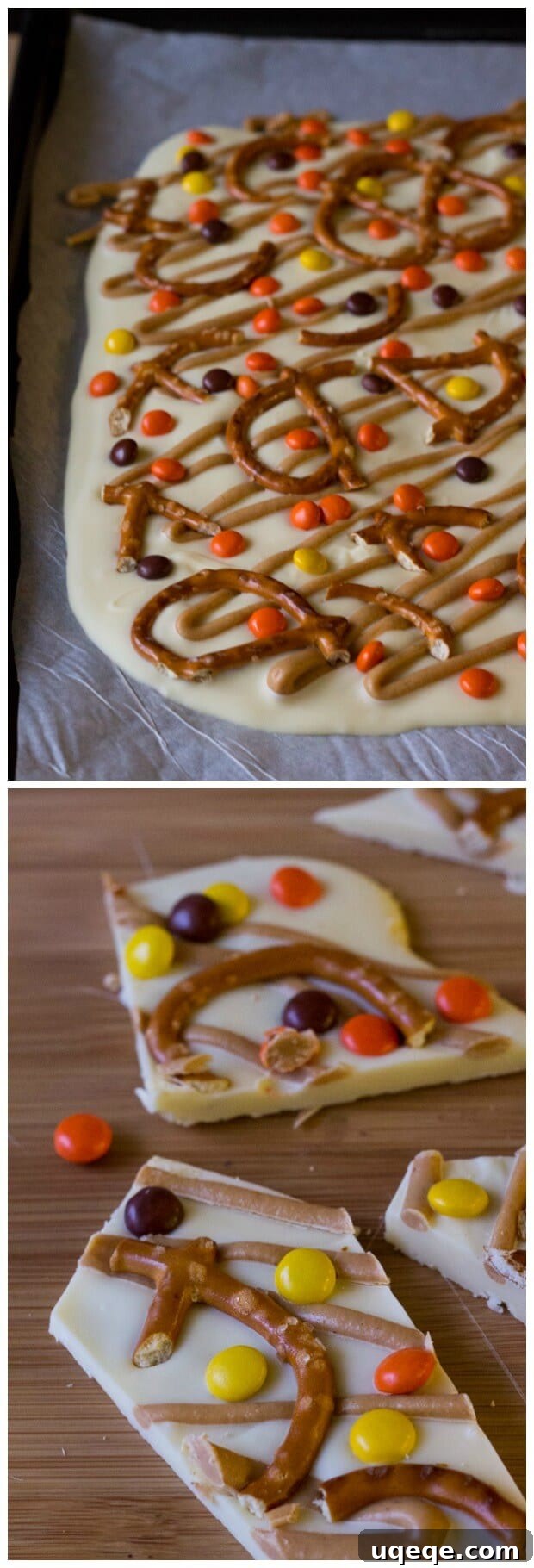 Halloween Peanut Butter Pretzel Crunch 3 Close-up of Halloween Peanut Butter Pretzel Bark, showing texture and candy pieces.