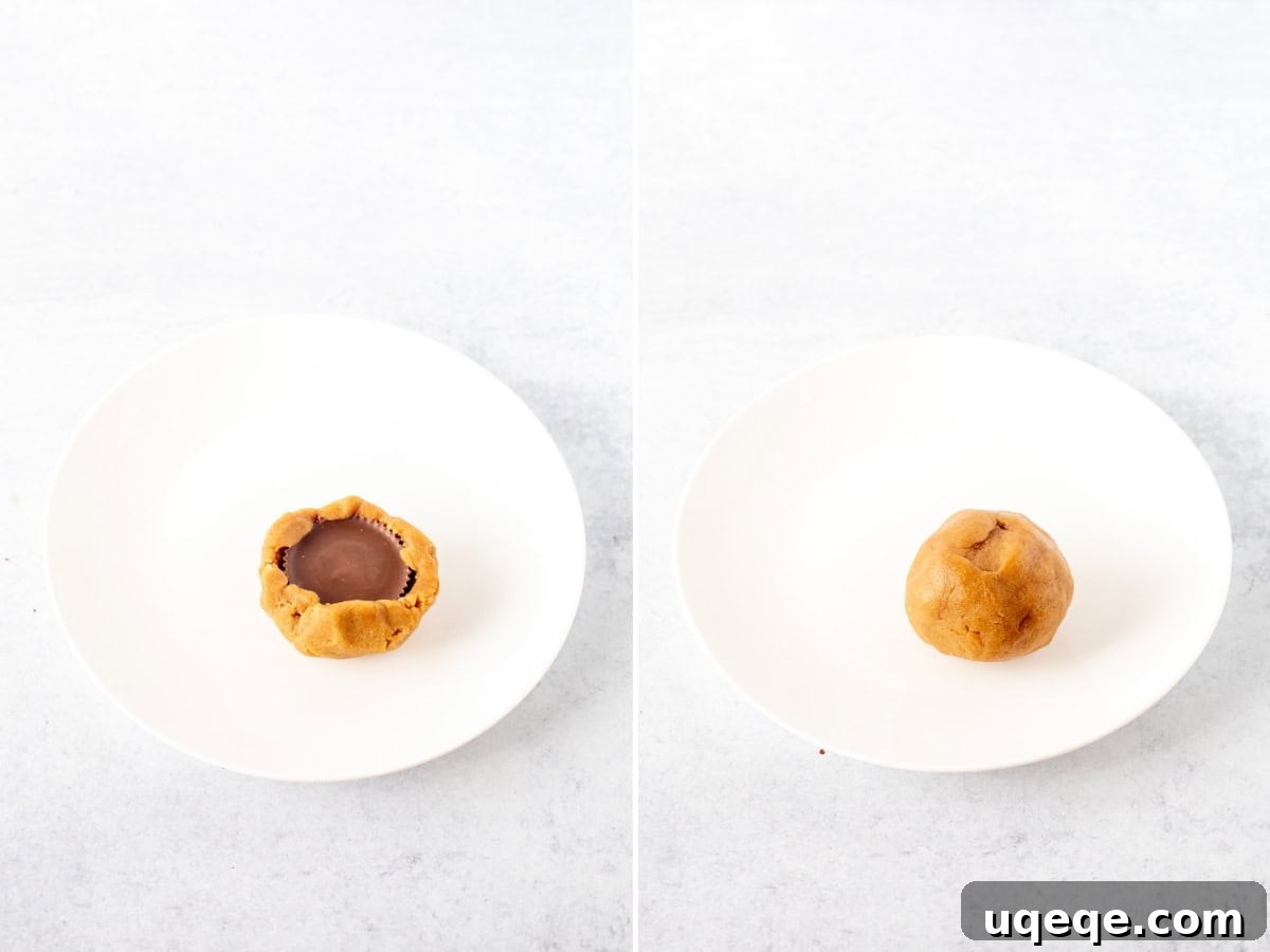 Reese's Peanut Butter Explosion Cookies 4 Detailed collage showing two step-by-step photos: first, flattening peanut butter cookie dough; second, placing a Reese's peanut butter cup in the center and pinching the dough around it, illustrating how to assemble Reese's stuffed cookies.