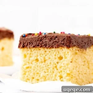 Slice of yellow sheet cake with chocolate frosting