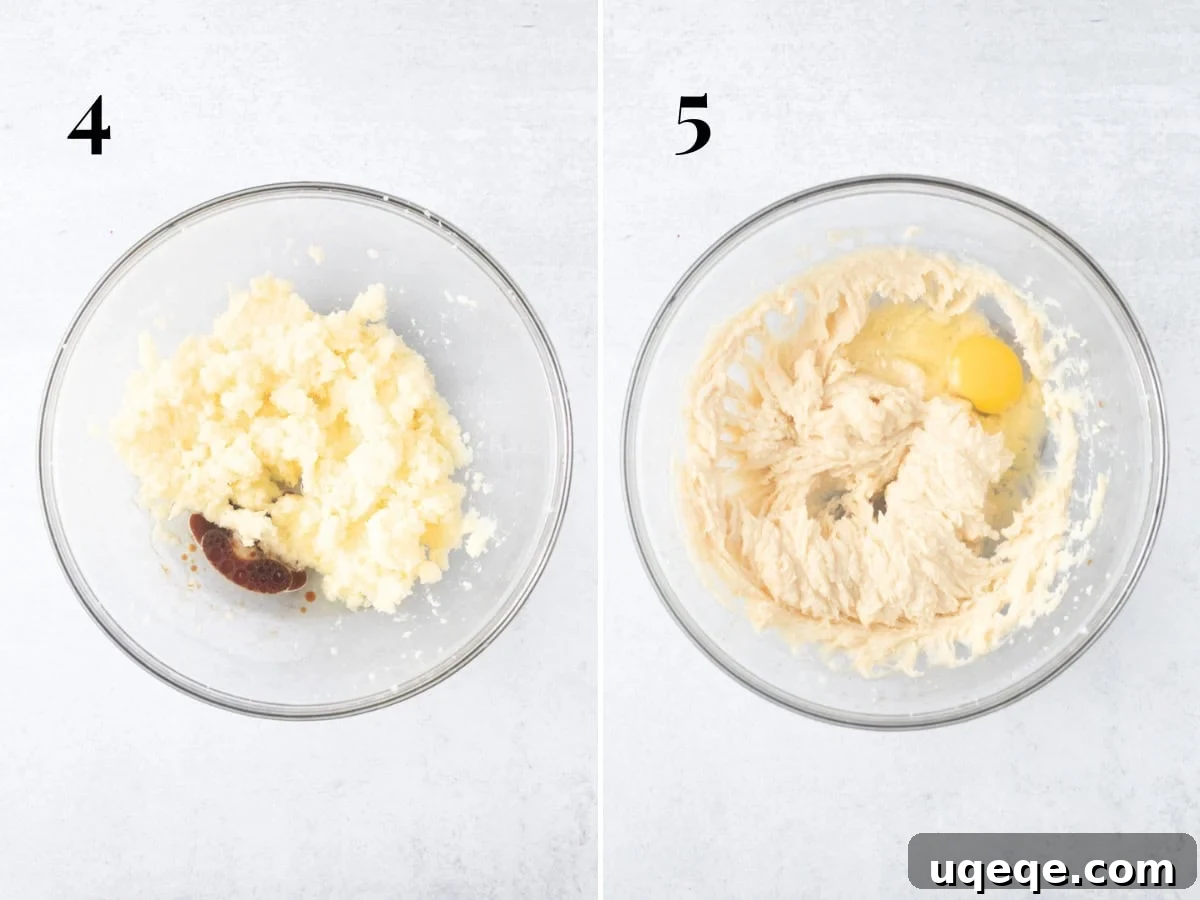 Sunshine Yellow Sheet Cake with Velvety Chocolate Frosting 5 Bowl of creamed butter and sugar with oil and vanilla added, and bowl of butter, sugar, and oil mixture with one egg incorporated