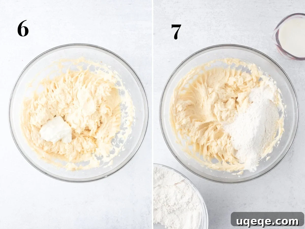 Sunshine Yellow Sheet Cake with Velvety Chocolate Frosting 6 Bowl of cake batter with sour cream added, and bowl of cake batter with dry ingredients partially mixed in