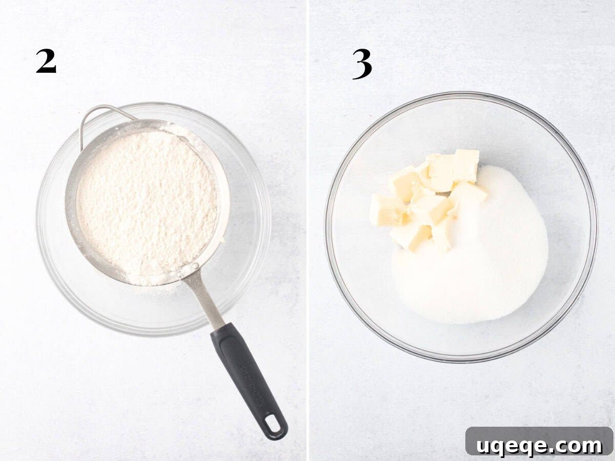 Classic Vanilla Sheet Cake Recipe for Moist, Crowd-Pleasing Dessert 5 Sifting dry ingredients into a bowl and bowl of butter and sugar.