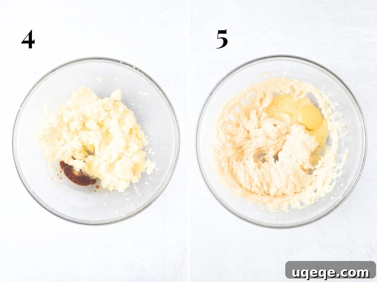 Classic Vanilla Sheet Cake Recipe for Moist, Crowd-Pleasing Dessert 6 Bowl with creamed butter and sugar with oil and vanilla added to the bowl, and creamed butter, sugar, and oil with 1 egg added to the bowl.