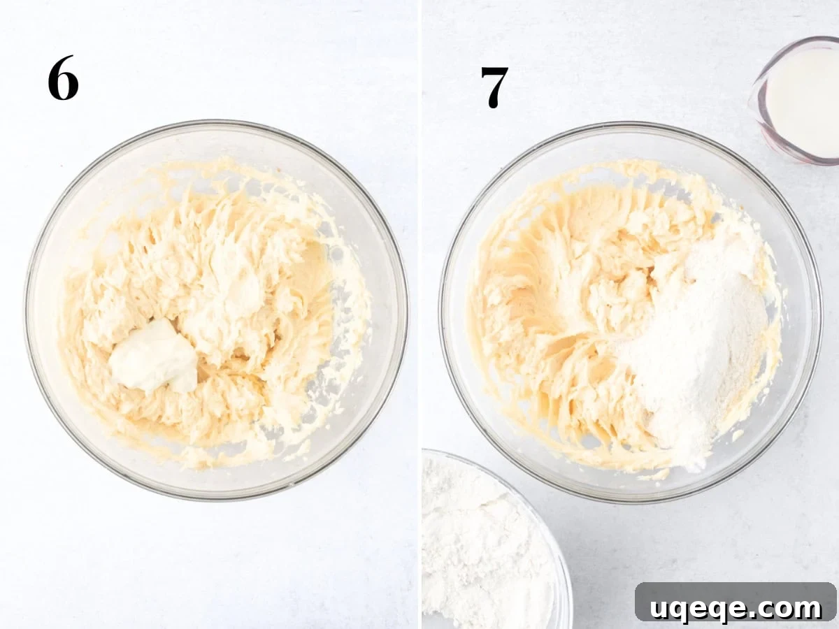 Classic Vanilla Sheet Cake Recipe for Moist, Crowd-Pleasing Dessert 7 Bowl of cake batter with sour cream added to bowl, and bowl of cake batter, with flour and milk being added to bowl