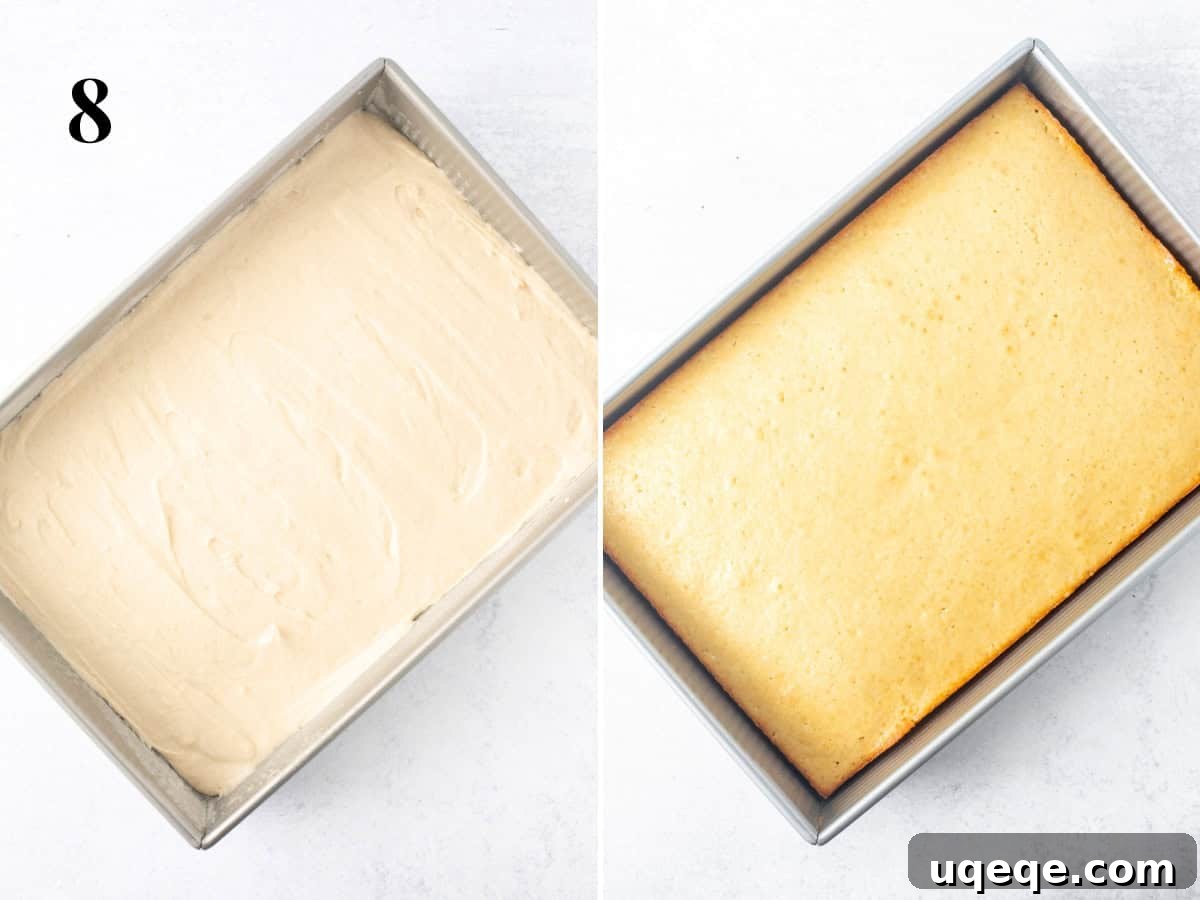 Classic Vanilla Sheet Cake Recipe for Moist, Crowd-Pleasing Dessert 8 pan of unbaked vanilla sheet cake and baked vanilla sheet cake