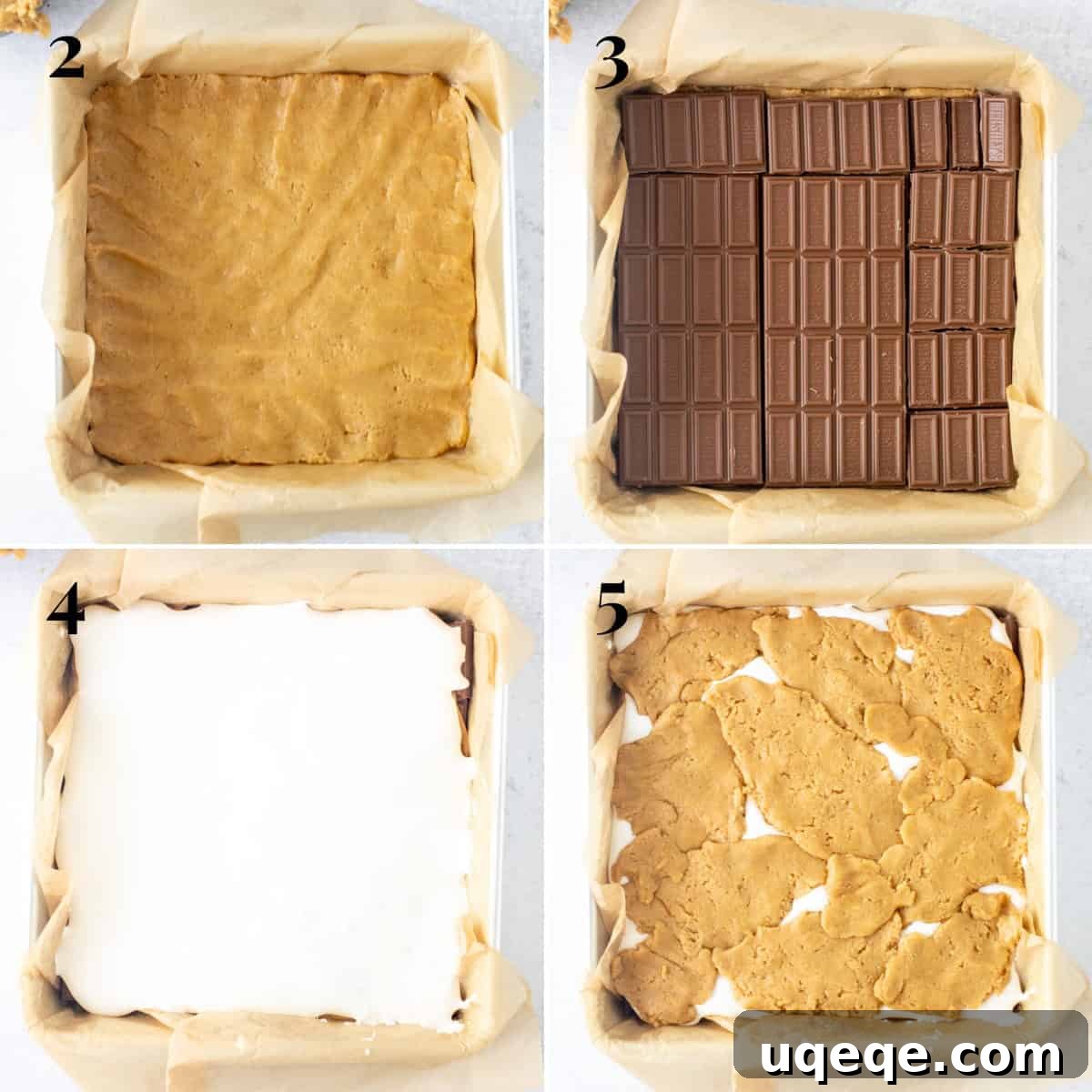 S'mores Cookie Bar Recipe: Gooey Graham, Chocolate & Marshmallow 5 4 photos, showing step-by-step of how to assemble s'mores cookie bars