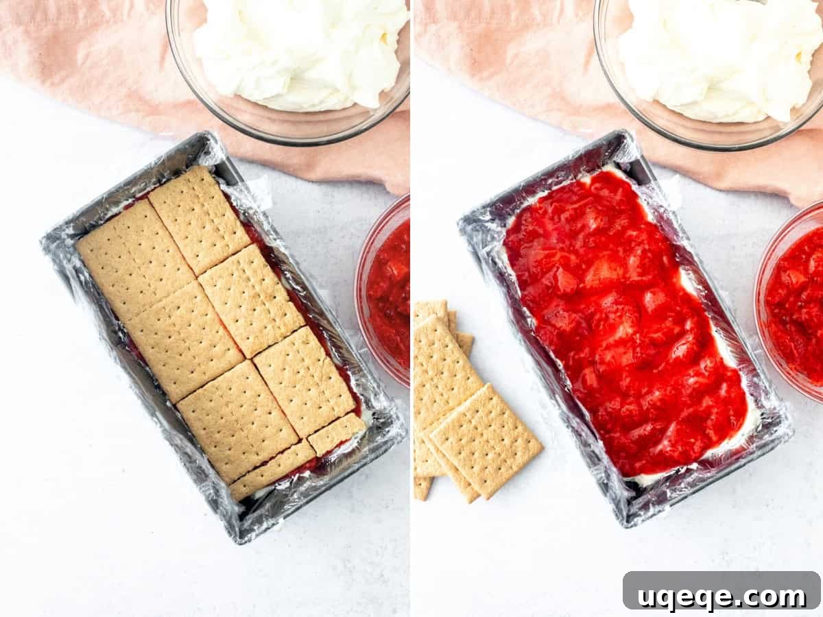 No-Bake Strawberry Icebox Cake Recipe with Whipped Cream 4 Assembling a strawberry icebox cake in a loaf pan