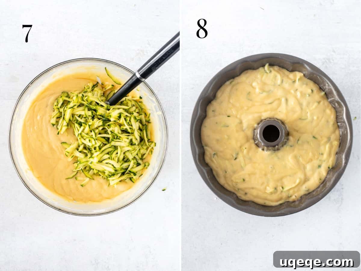 Moist Lemon Zucchini Cake with Cream Cheese Glaze 6 grated zucchini folded into bowl of lemon cake batter, and unbaked lemon zucchini cake