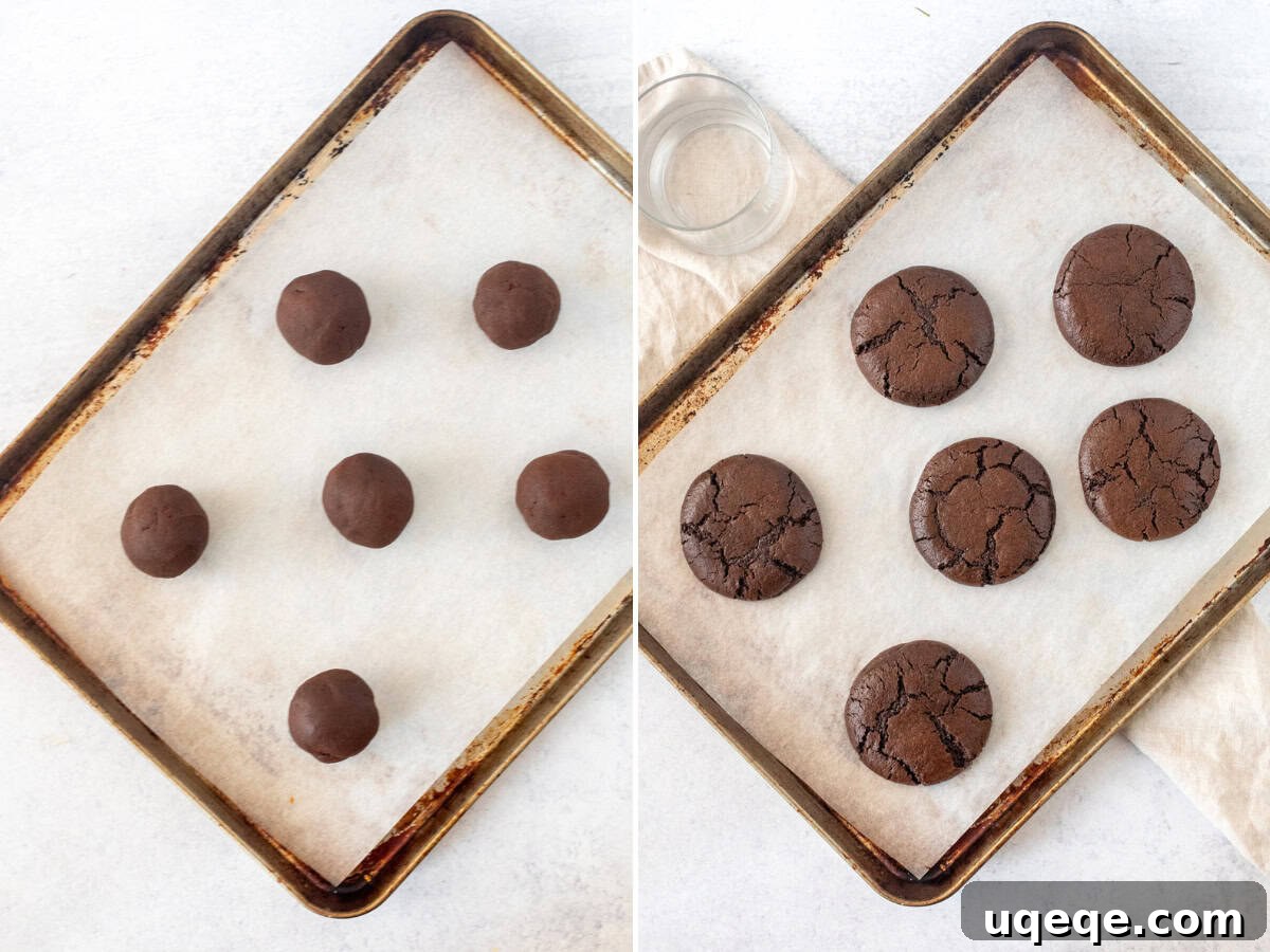Black Forest Cookies: Chocolate and Cherry Cookie Recipe 4 Chocolate cookie dough balls on a lined cookie sheet, and baked chocolate cookies on a lined cookie sheet