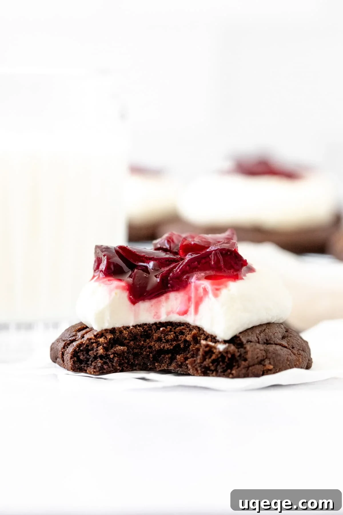Black Forest Cookies: Chocolate and Cherry Cookie Recipe 6 fudgy black forest cookie with a bite taken out