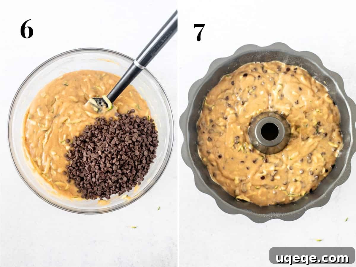 Moist Chocolate Chip Zucchini Cake Recipe 6 bowl of zucchini cake batter with chocolate chips, and unbaked zucchini bundt cake in bundt pan.