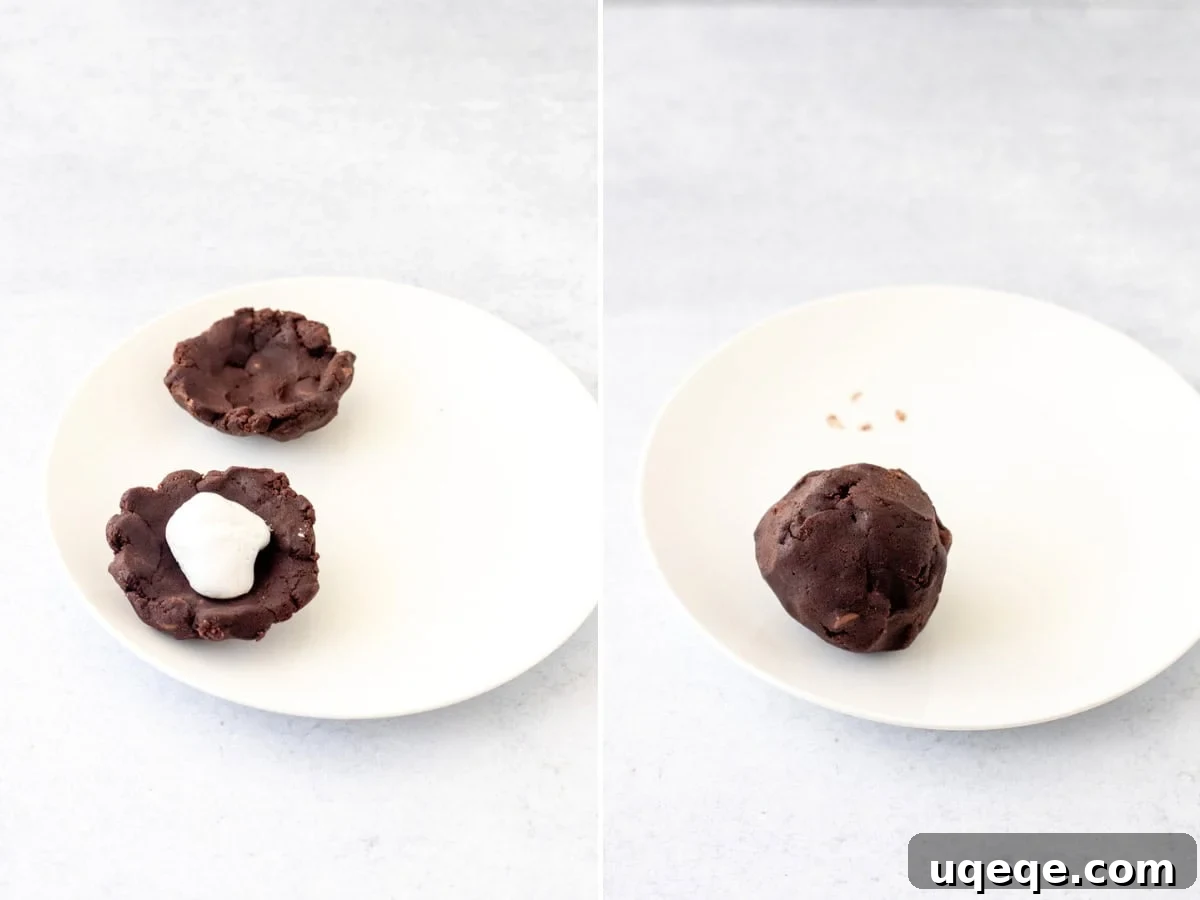 Collage of 2 photos, showing how to assemble s'mores stuffed chocolate cookies