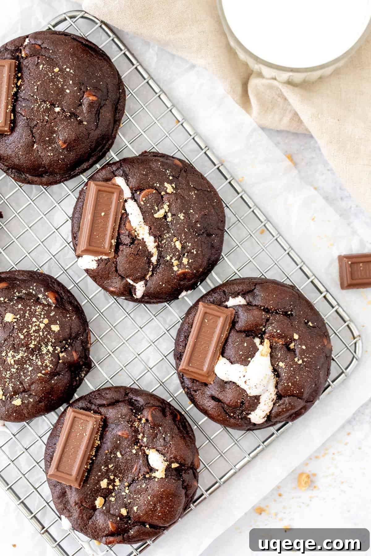s'mores chocolate cookies on a wire cooling rack
