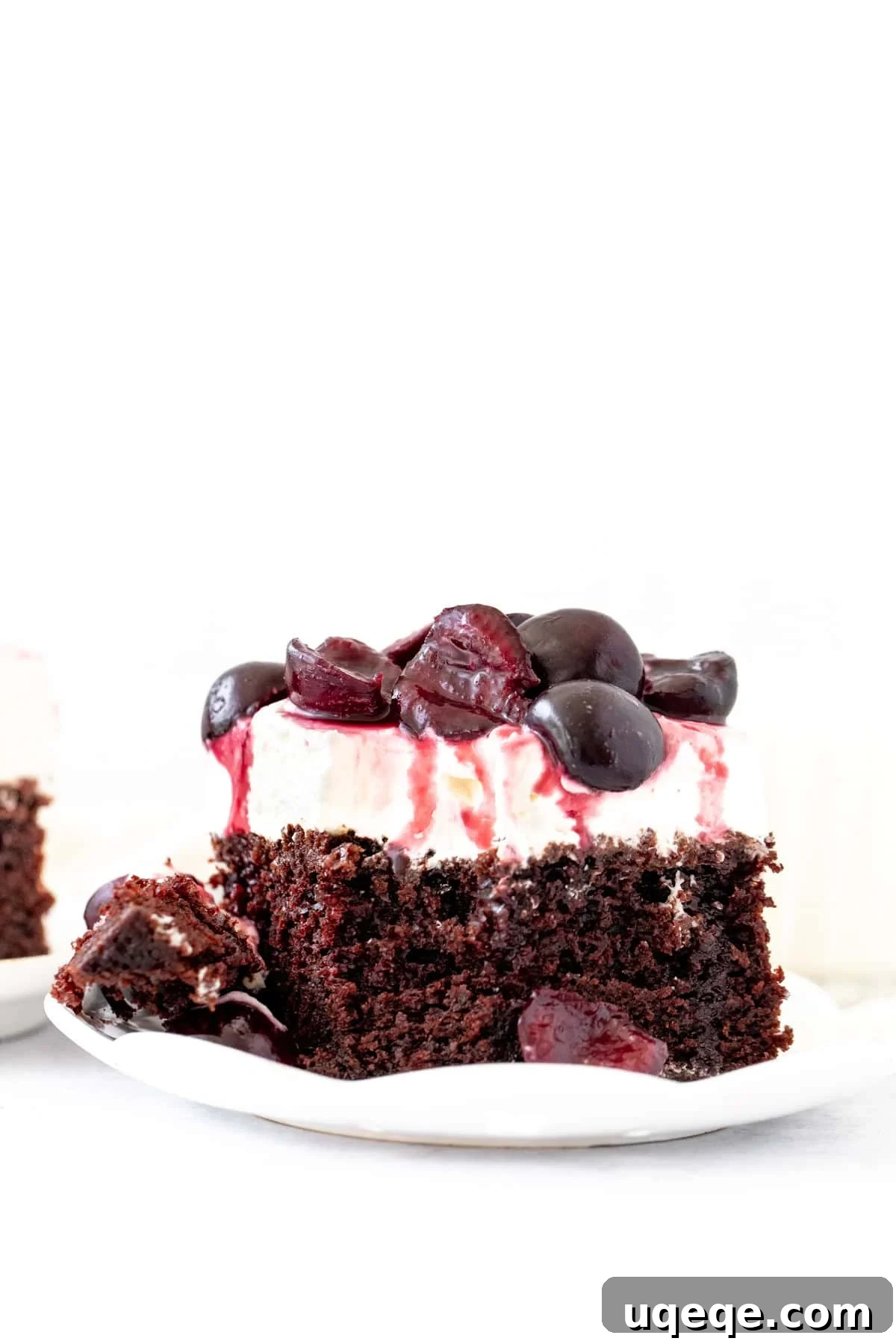 Black Forest Sheet Cake Recipe with Chocolate and Cherries 4 Slice of fudgy black forest cake with a bite taken out
