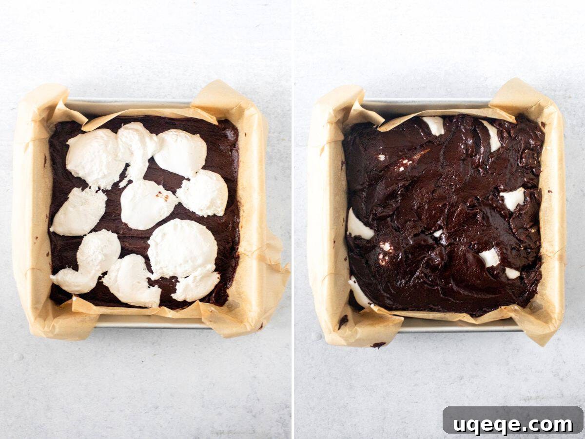 Gooey Marshmallow-Stuffed Chocolate Brownies 4 Lined pan, showing how to assemble marshmallow brownies
