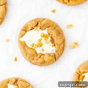 Fluffernutter Cookies: Peanut Butter & Marshmallow Cookies 6 Fluffernutter cookies with marshmallow fluff in the middle and chopped peanuts on top