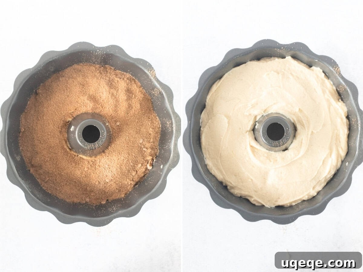 Moist Cinnamon Swirl Bundt Cake Recipe 4 Bundt pan with unbaked cinnamon bundt cake